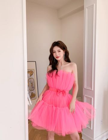 Barbie Pink A Line Strapless Tulle Short Outfit Party Dress Homecoming Dress Birthday Dress HZ1023